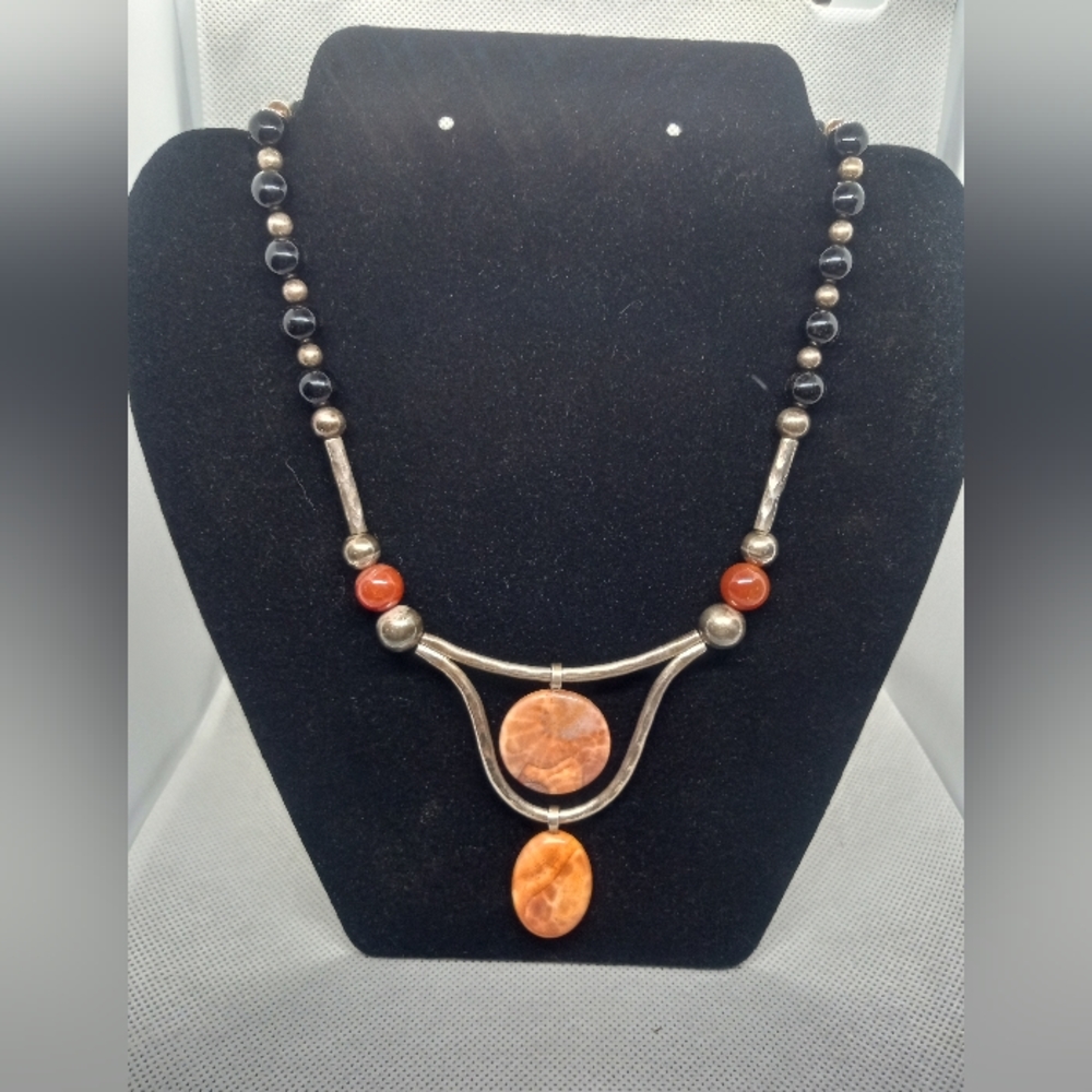 Orange Agate, Carnelian, Black Onyx & Sterling Silver